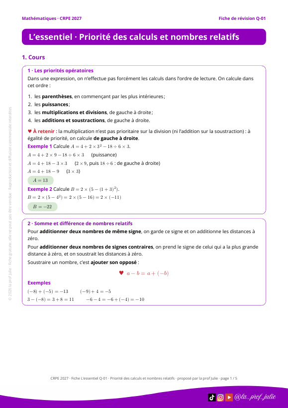Aperçu de la première page de la fiche Priorité des calculs et nombres relatifs