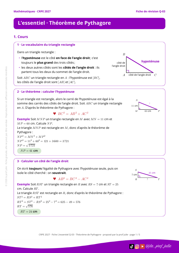 Aperçu de la première page de la fiche Théorème de Pythagore